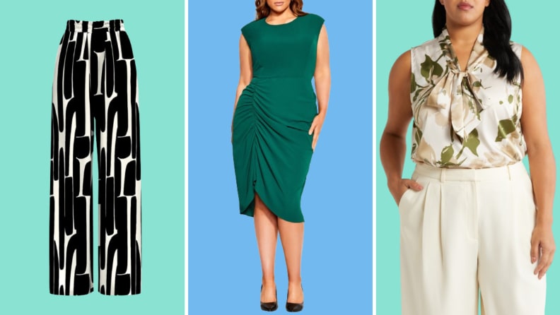 Collage of three plus-size options: A maroon coat, a green form-fitting dress, and wide-leg dark jeans.