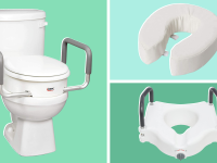 three images of toilet risers on colorful backgrounds