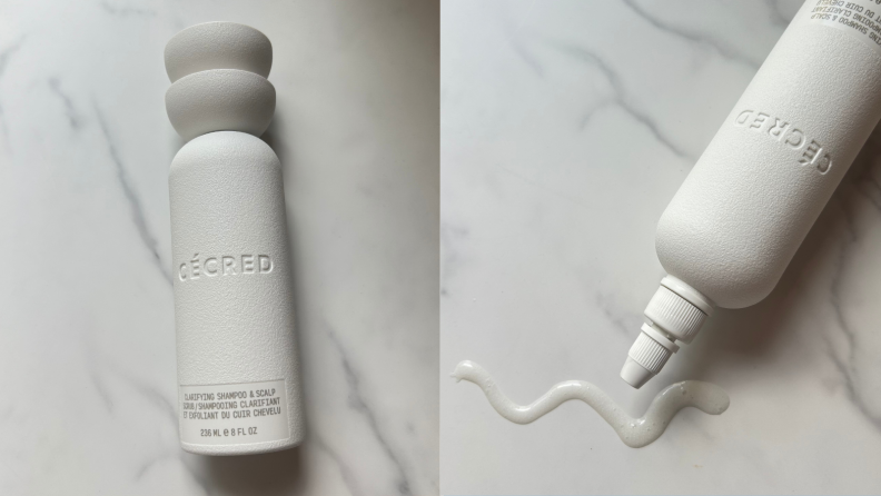 Cecred shampoo bottle and shampoo against a marbled background