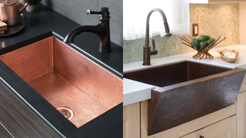 On left, antique copper sink in kitchen. On right, antique copper farmhouse sink in kitchen.
