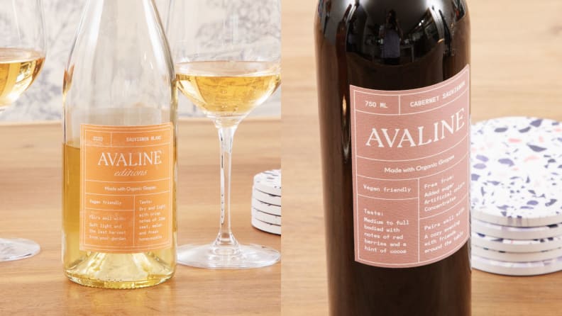 Left: Close-up of a bottle of white Avaline wine surrounded by two glasses. Right: A close-up of a bottle of red Avaline wine.