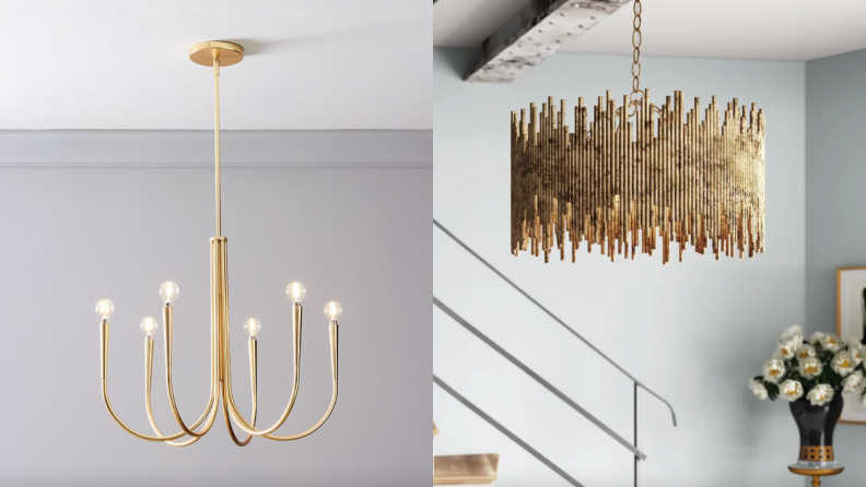 On left, gold anchor shaped chandelier. On right, gold chandelier in living room.