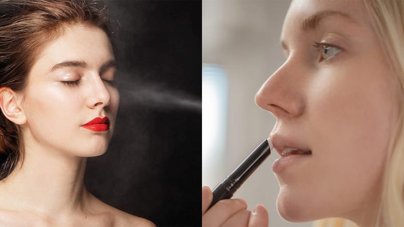 On the left: A person spraying their makeup. On the right: A person applying lip balm.