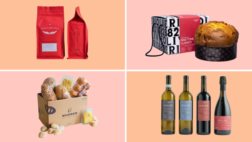 Intelligentsia coffee, Italian panettone, Wildgrain baked goods, and Avaline wines on a colorful background