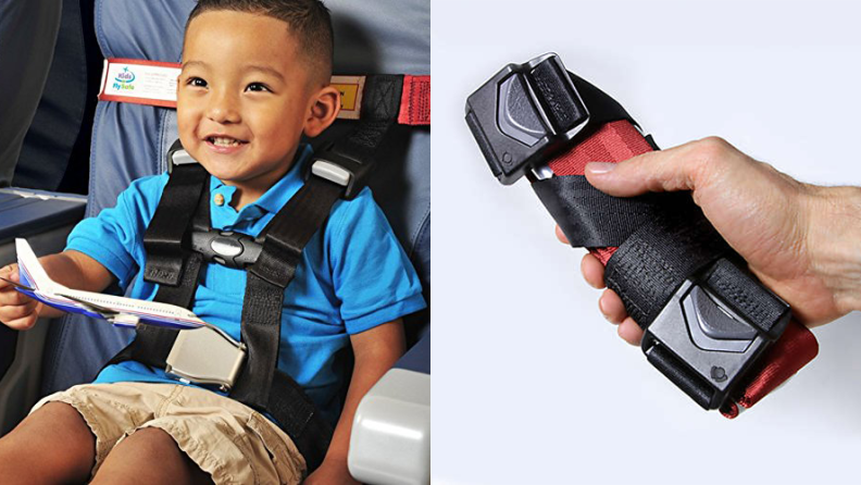 On the left: a young boy wearing a harness in an airplane seat. On the right: an adult hand holding a rolled up harness