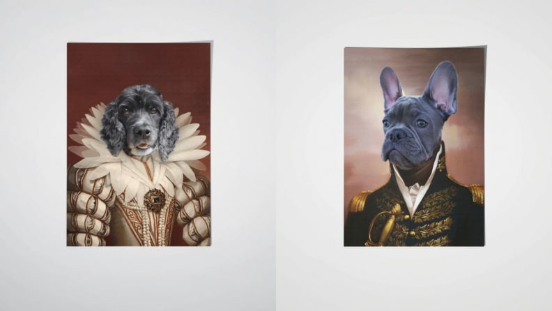 Two portraits of dogs heads on top of period, regal attire