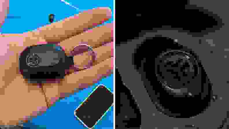 Side by side of a close up of the JLab JBuds Mini earbud in an open case and the case with keyring in a person's hand.