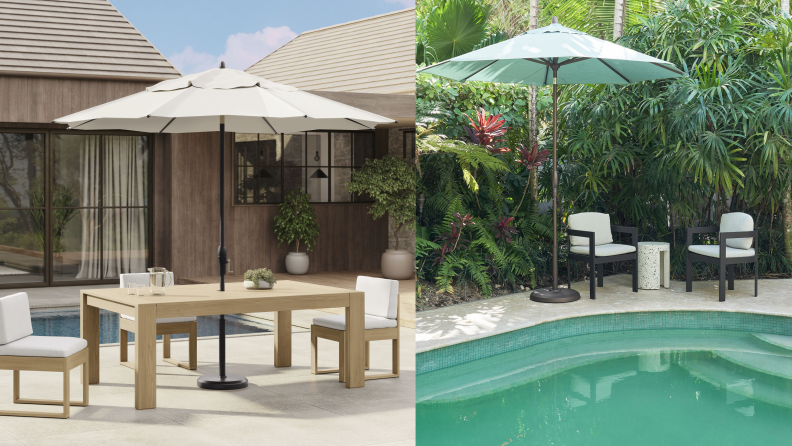 beige patio umbrella attached to light wooden patio furniture set and light blue outdoor umbrella next to a pool