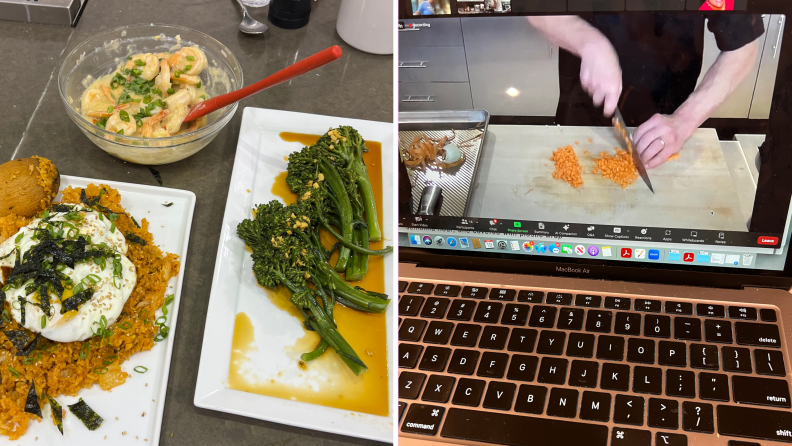 A collection of dishes made in class. A chef on a computer screen chopping a carrot.