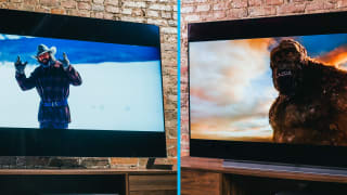 A side-by-side image: the LG G1 in a living room setting on the left, and the LG C1 in a living room setting on the right