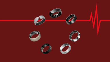 7 smart rings in a circle on a maroon background with a heart monitor pulse line