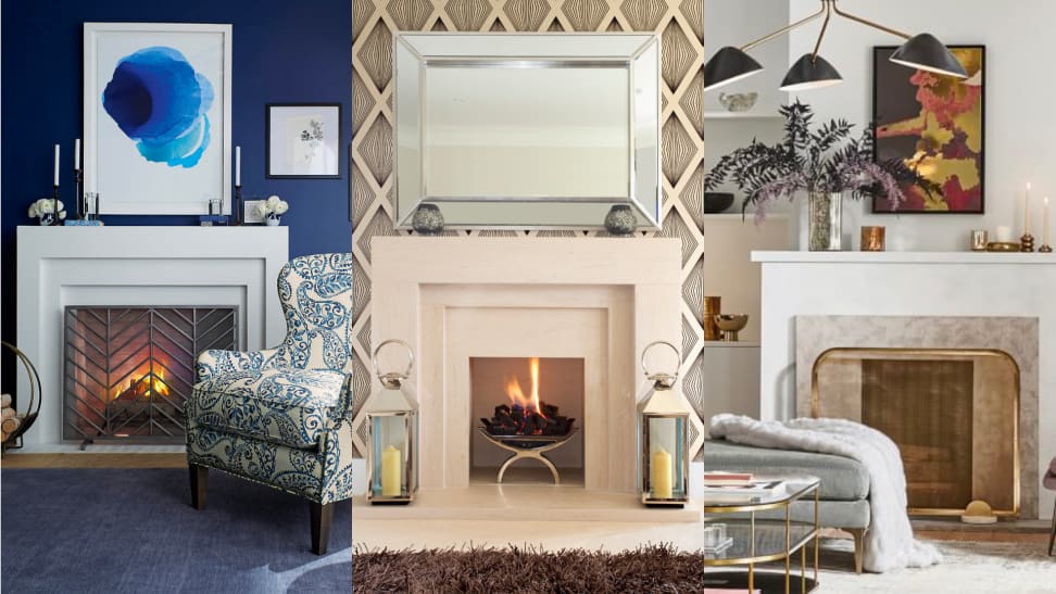 Three photos of stylishly designed living room fireplaces.