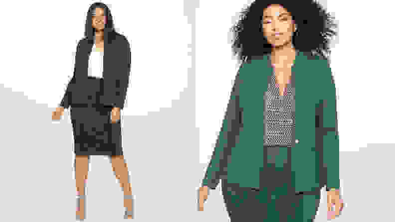 Woman wearing a blazer and pencil skirt and then close up of woman just wearing blazer and pants