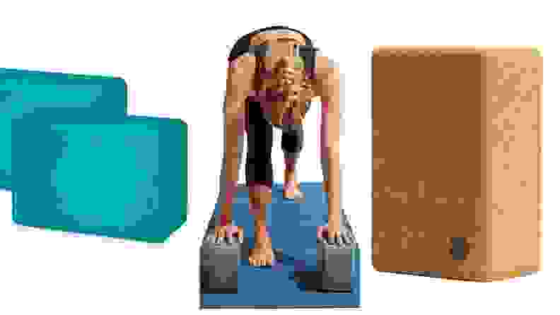 Turquoise yoga blocks, a woman using a yoga block in low-lunge pose, and a cork yoga block