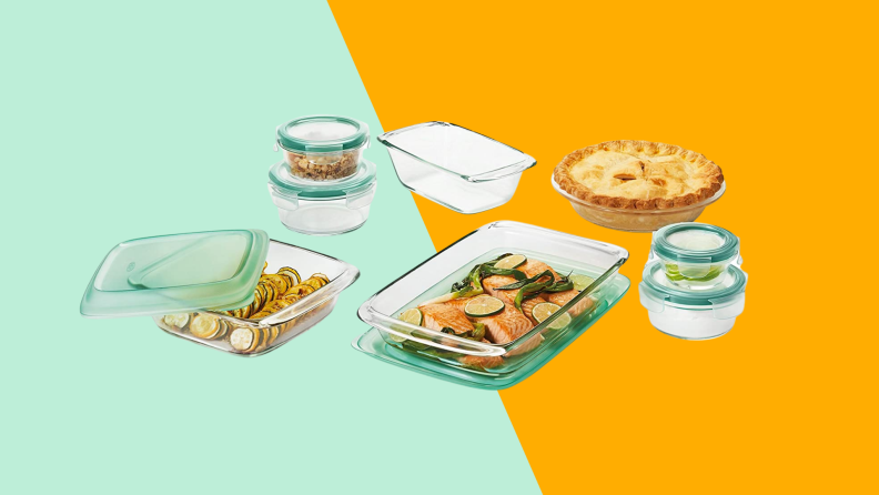 A collection of glass OXO storage dishes with various foods in them against a mint green/gold background.