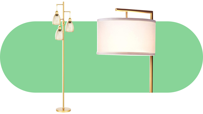 Two gold floor lamps featuring two different styles. One gold lamp has three lights, and the other has a white round lamp shade.