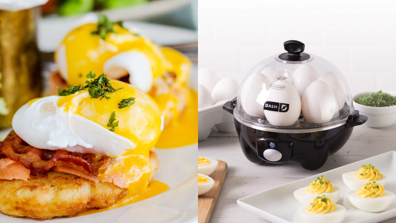 On the left, there are two eggs benedict and on the right, a plate of deviled eggs is next to a black Dash egg cooker.