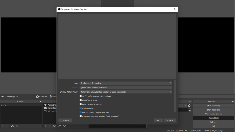 Screenshot of Window Capture popup in OBS Studio
