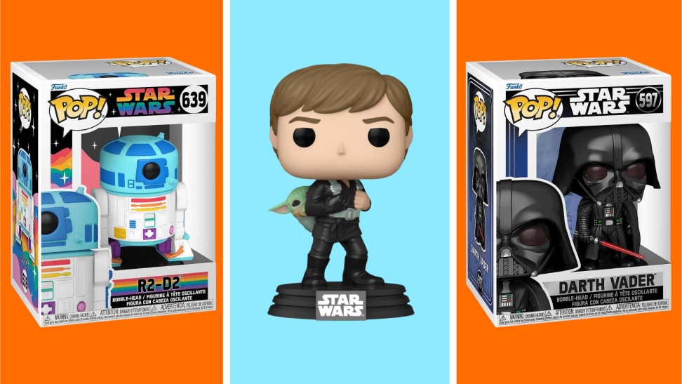 A collection of Star Wars themed Funko Pop! figures in front of colored backgrounds.