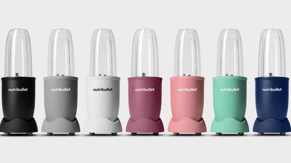 The NutriBullet Pro 900 Series are available in seven colors. From the left: Black, Gray, White, Light Plum, Light Pink, Mint, and Navy.