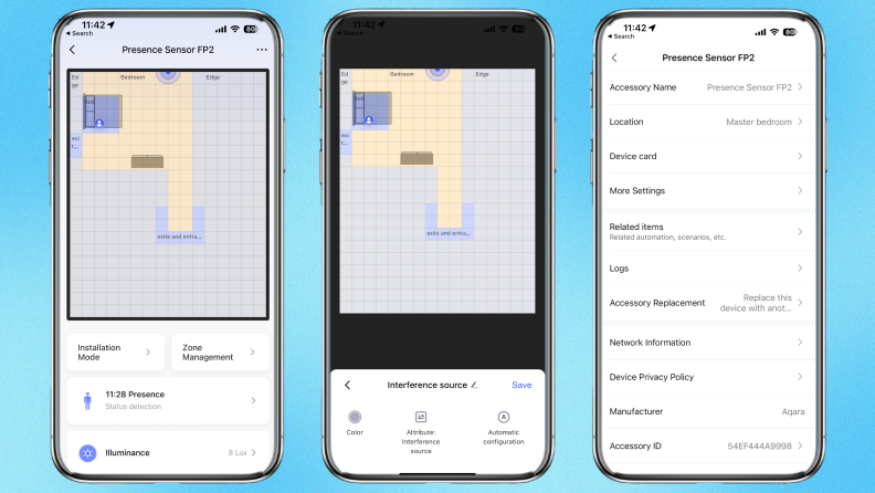 Three phone screenshots from the Aqara app that show where the Aqara FP2 presence sensor is installed and other settings like location, name, and logs.