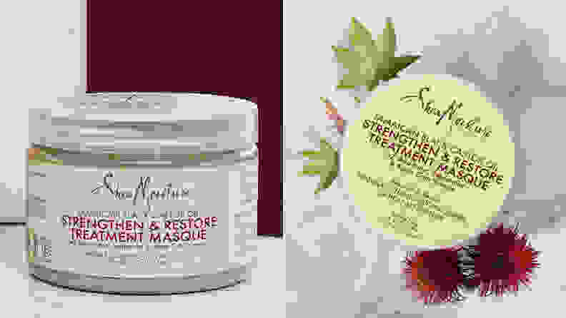 On the left: A transparent SheaMoisture jar. On the right: A top view of the jar with flowers around it.