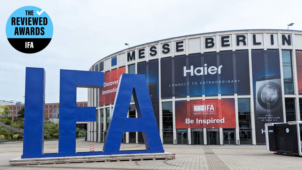 A large sign that says IFA outside a convention center.