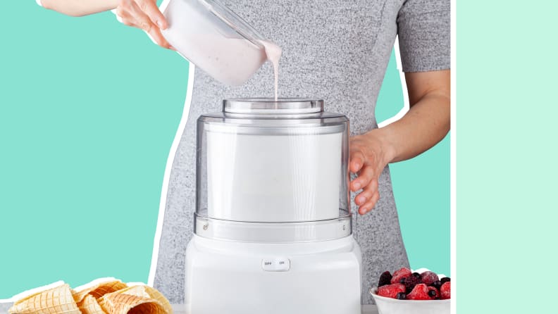 A person makes ice cream at home with an appliance.