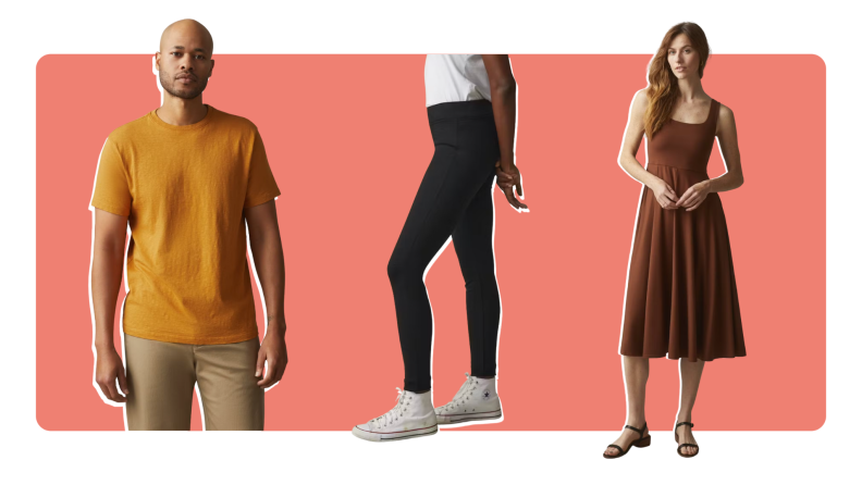 A male model wearing a mustard colored shirt, a model wearing black pants, and a model wearing a brown dress.