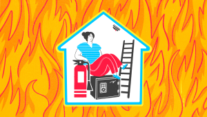 插图的房子里的人与消防安全产品周围的背景是火