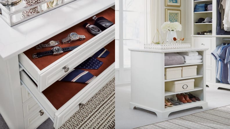 White dresser with five drawers drawer in closet.