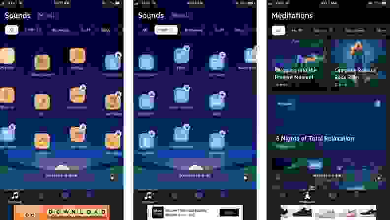 three screenshots of relax melodies, which blends sounds from the paid and unpaid versions together, making the library more challenging to navigate