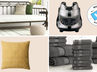 A collage of Wayfair products including towels, pillows, a daybed, and a blender.