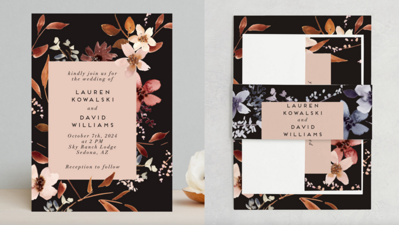 Black and floral wedding invitations.