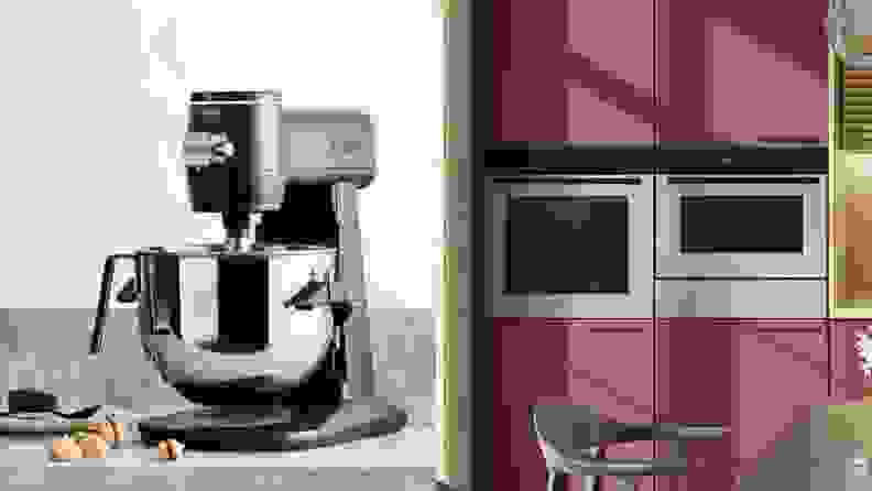 On left, GE Profile standing mixer. On right, AI Pro Cooking oven on wall.