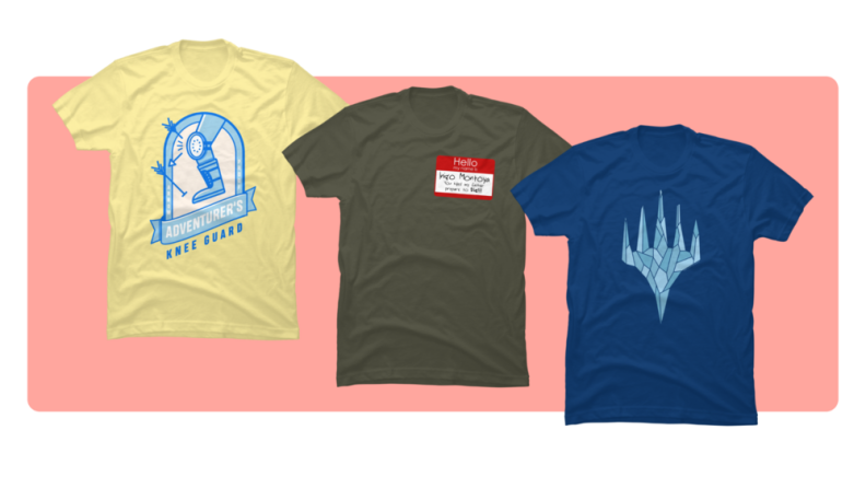 Three T-Shirts featuring designs from The Princess Bride, Skyrim, and Magic: The Gathering.