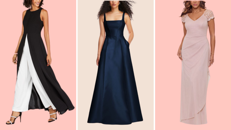 Collage of three women: the first wears a jumpsuit with a black top and white pants, the second woman wears a basic blue gown, and the third is in a blush-colored gown with lace cap sleeves.