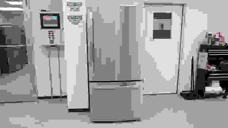 The GE GDE25EYKHRFS bottom-freezer refrigerator, set up just outside our fridge testing labs