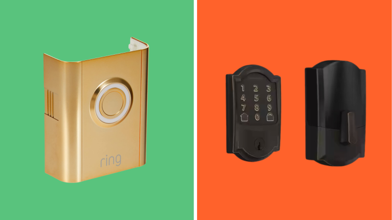 On the left, a gold faceplate against a green background. On the right, a smart lock against a red background.