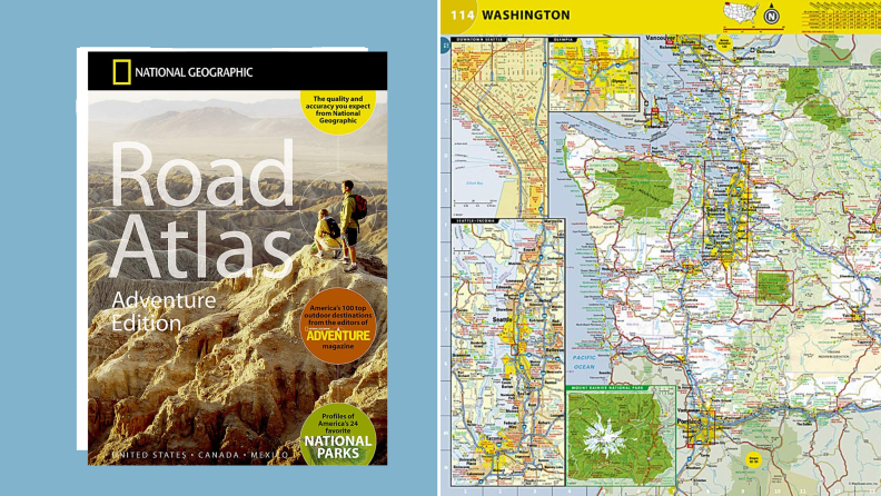 On left, product shot of the National Geographic Maps Road Atlas. On right, map of Washington state.