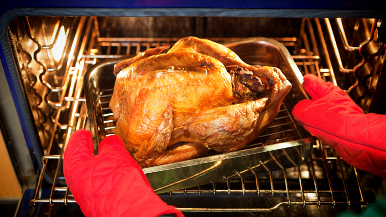A person wearing red oven mitts pulls a roasting pan and turkey out of an oven.