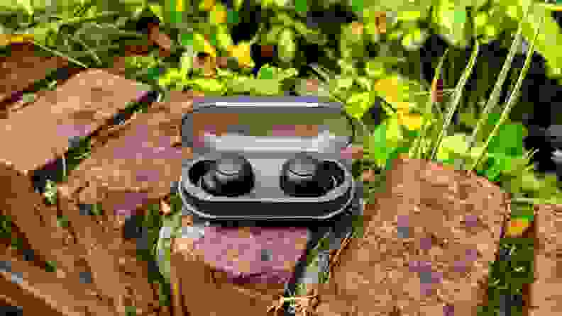黑色圆形的索尼WF-C500耳塞放在药丸形状的开放式耳塞里，耳塞的背景是绿色灌木的砖墙。