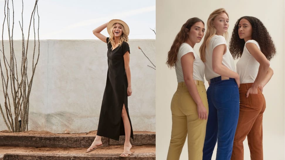 Woman in dress and hat next to group of three women in colorful pants