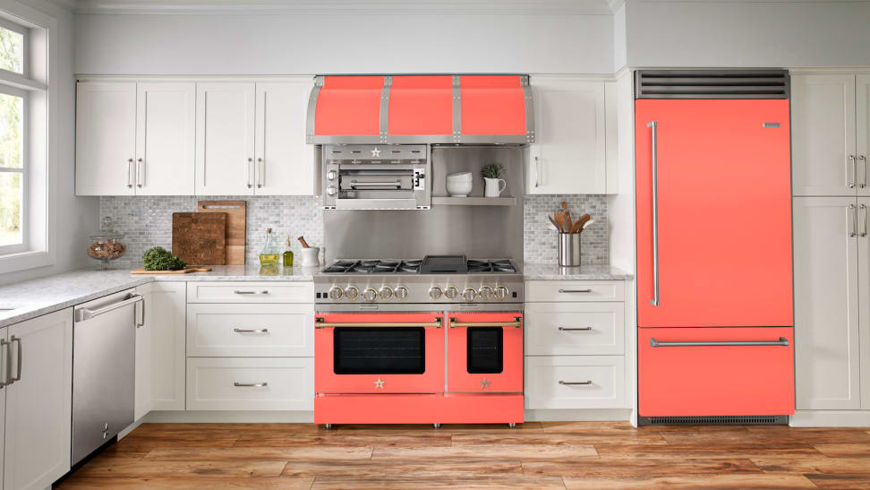 Bold new appliance finishes like BlueStar's Living Coral give kitchens a lift