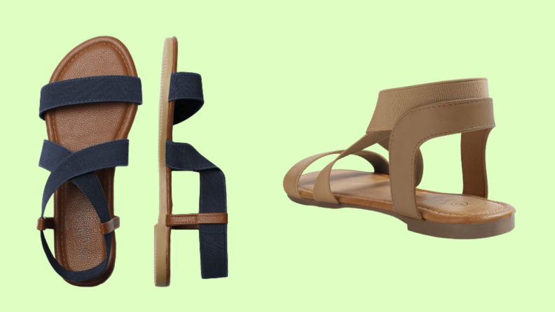 Sandals with blue straps, and a detail of one with brown straps.