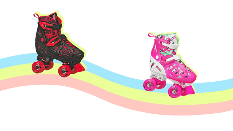 Two black and pink roller skates on a rainbow.