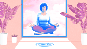 Illustration of a person meditating in a tranquil room with plants.
