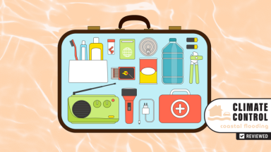 Suitcase filled with emergency essentials like water, medicine, a flashlight