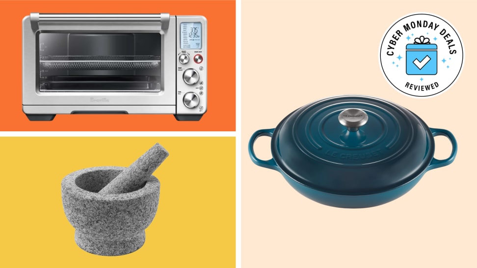 Breville Smart Oven, mortar and pestle, and Le Creuset pot on a colorful background