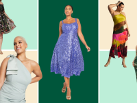 Collage image of women wearing an embroidered midi dress, a green mini dress with a bow on the shoulder, a printed brown dress, a sequined purple dress, and a floral green gown.